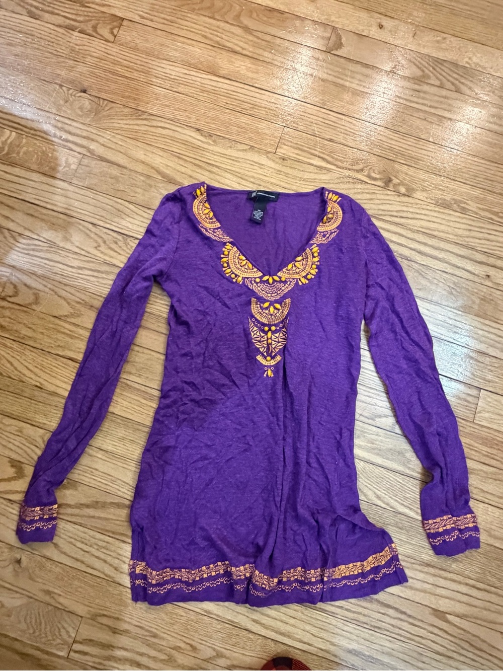 INC International Concepts Purple Long Sleeve V-Neck Top with Orange Embroidery